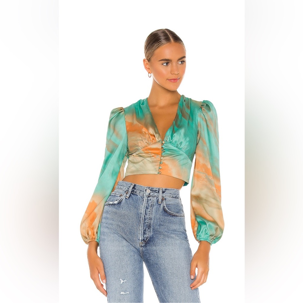 Superdown Eleen Blouson Top in Teal Multi